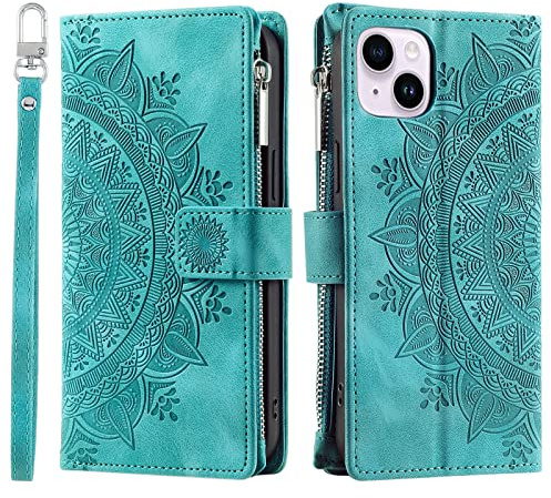 VEEMOS Wallet Case for iPhone 13 Mini Flower Flip Case Protective Leather Folio Book Phone Cover with Card Slots Kickstand Zipper Pocket - Green
