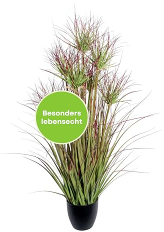 CREATIV green Zypern-Gras-Busch 95cm I Kunstgras mit naturgetreuen Gräsern in grün-rot I realitätsnahe Dekogras Kunstpflanze im Topf I Pflegeleichte Gräser künstlich ideal als Indoor Deko