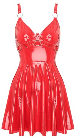 Aislor Dam lack läderklänning wetlook miniklänning kort konst läderklänning rygglös festklänning skater kjol party klubbkläder lackklänning, B röd, 5XL