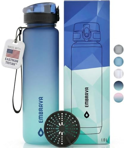 Embrava Sports Water Bottle 32oz - Fast Flow Flip Top Lid - BPA & BPS Free Leakproof Reusable - Lightweight Non-Toxic Tritan Plastic 1 Liter - Gym Hiking Office School Travel