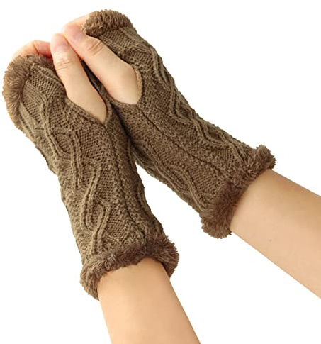 Wambere 1 Paar Damen Fingerlose Handschuhe,Winter Warmhalten Armstulpen Gestrickte Kurzhandschuhe Halbe Fingerhandschuhe mit Fleece Futter,Strickhandschuhe Armhandschuhe für Outdoor Aktivitäten,Khaki