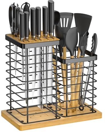 AUSYDE Portacoltelli + porta utensili, universale, in bambù, senza coltello, moderno piano da cucina, organizer per coltelli da cucina con fessura per forbici e foro per affilare