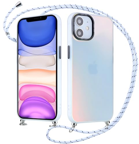 Xylota Handykette für iPhone 12/12 Pro 6.1 '' Hülle mit Band, Bunt Matt Silikon Handyhülle Bumper Case mit Kette Kordel Schlüsselband, Stoßfeste Schutzhülle für iPhone 12/12 Pro zum Umhängen, Weiß