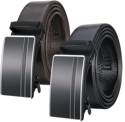 ViEinkaufen Confezione da 2 cinture da uomo, regolabili in pelle PU, cintura a cricchetto, 125 cm, cintura con fibbia automatica per abito e jeans, Colore nero e caffè, Taglia unica