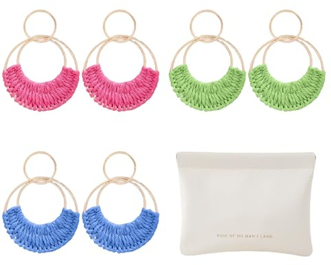 CRFASIBE 3 Paires Boucles d'Oreilles en Rotin pour Femme, Légères Boho Style Pétales Floraux en Raphia, idéales Été & Plage, avec Pochon Cadeau (Style G)