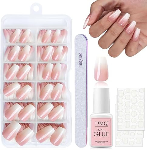 DMQ French Ombre Press on Nails Set, 120Pcs Natural Gradient Pink False Nails Kit, Ombre Coffin Fake Nails Pink Tips, 12 Sizes Glossy Full Cover Stick on Nail with Glue for Women Girls Nails Art
