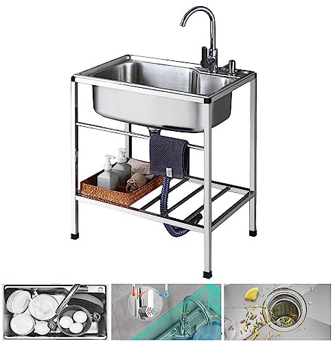 KÜCHENSPÜLE Edelstahl Einzelschüssel Küchenspüle mit Ständer Wäscherei Freistehende Spüle mit Wasserhahn, für Garage, Restaurant, Innenbereich Außenküche Waschbecken