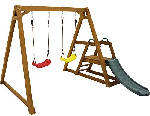 Gartenschaukel Outdoor mit Rutsche und Kletterleiter für Kinder ab 3 Jahren,Schaukelgestell aus Massivholz,Holzspielplatz mit 2 Schaukelsitzen,Spielgerät für Garten mit Sicherheitsaufbau und Anleitung