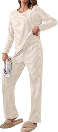 YGJIEGENG Womens Pyjamas Set, 2 Piece Loungewear Set | Long Sleeve, Ribbed Ladies Sleepwear, Crew Neck, Soft Nightwear, Wide Leg Pants with Pockets, Comfy Pajamas Set