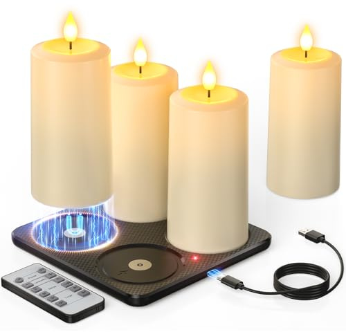 Yme 4er Set LED Kerzen Aufladbar mit Timerfunktion Magnetischer Ladestation | Wiederaufladbare LED Stumpenkerzen mit Fernbedienung, Flackernd & Wasserdicht für Innen Outdoor Homedeco Zimmer Party (IP54)