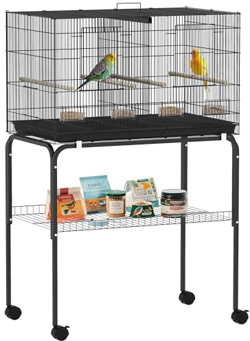 PawHut Bird Cage with Divider, Parrot Cage with 4 Wooden Perches, Slide Out Tray, 4 Feeders and Wheeled Stand, for Budgie, Lovebird, Canary, Finches, 76 x 46 x 116cm, Black