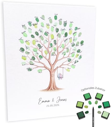 KATINGA Leinwand zur Hochzeit – Bild für Fingerabdrücke mit Baum - Personalisiert – Hochzeitsbaum – Gästebuch als Geschenkidee (40x50 personalisiert)