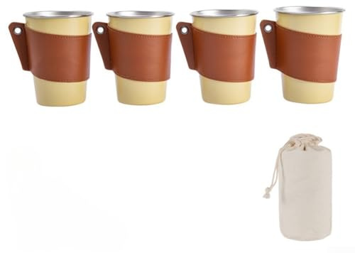 Ensemble de tasses de camping en acier inoxydable 304 avec support en cuir (E)