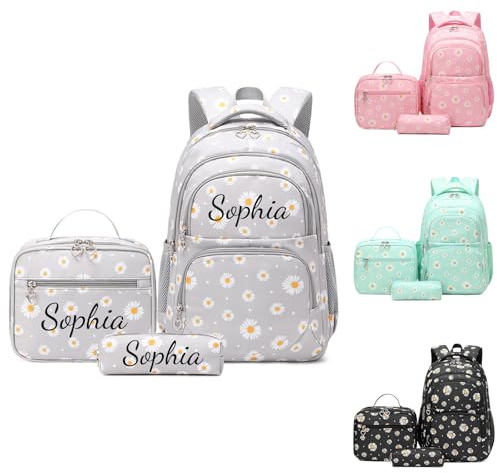 Personnalisé Prenom Sac a Dos Scolaire avec sac à lunch, Trousse à Crayons 3 Pièces Sets de Sacs Scolaires pour Adolescents Fille & Garcon, Cartable Léger Imperméable Cole Primaire, Collège (Gris)