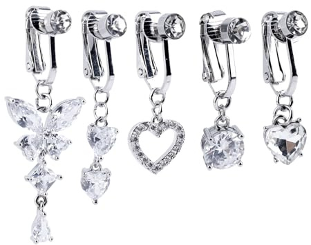 5st Navelringar med Klipp, Koppar Falska Navelringar för Kvinnor Runda Hjärtformade Fjärilsdiamanter Falska Piercingsmycken för Kvinnor (Silver)