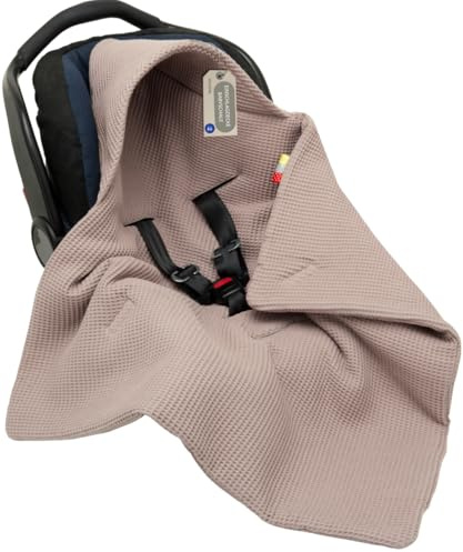 Einschlagdecke Babyschale Winter Herbst für Babyschale, Kinderwagen, Kindersitze und Maxi Cosi - für Neugeborene und Kleinkinder 75x75cm, mit Kapuze und Klettverschluss Ganzjährig (Altrosa/Beige)