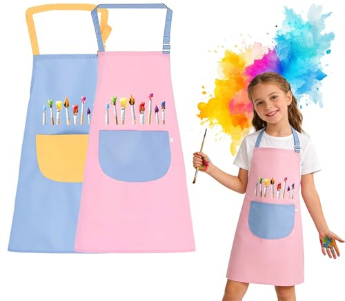 Ruikdly Malschürze Kinder, 2 Stück Kinder Schürzen Set mit Taschen, Kochschürze Kinder Jungen Mädchen, Verstellbare Backschürze Kinder für Basteln Malen Backen Kochen (6-8 Jahre)