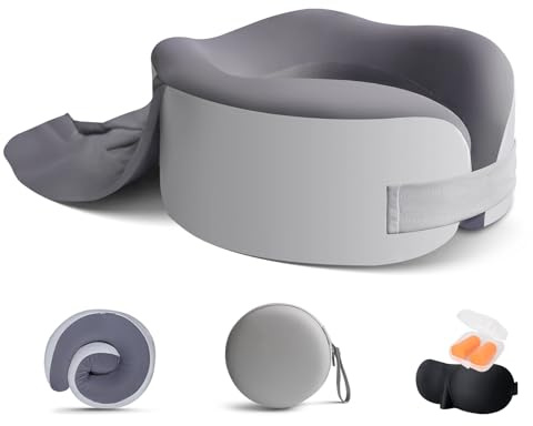 Nackenkissen Flugzeug - Memory Foam Reisekissen mit Kapuze, Verstellbares Ergonomisches Nackenhörnchen Erwachsene mit Ohrstöpseln, Augenmaske,Tragetasche, Ideal für Reisen mit Flugzeug, Auto