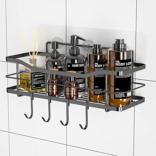 Comsmart Shower Caddy Organiser with 4 Hooks, No Drilling Adhesive Metal Shelf Wall Mounted Shampoo Holder, SUS304 Stainless Steel Shower Storage Organiser for Bathroom, Toilet, Kitchen-Black,1 Pack