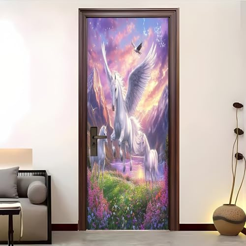 3D Türaufkleber Wandbild Selbstklebend PVC Wasserdicht 90x200 cm Fantasy WeißEs Pferd Einhorn Abnehmbar TürPoster Fototapete für Wohnzimmer Bunt Schlafzimmerküche Bad Büro