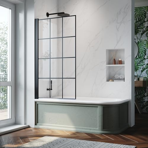 ZANOFIRA Black Grid Bath Screen 800 x 1400mm Pivot Bath Shower Screen 6mm Toughened Glass Hinged Bath Screen with 90° in & Out Pivot Industrial Style Reversible Installation