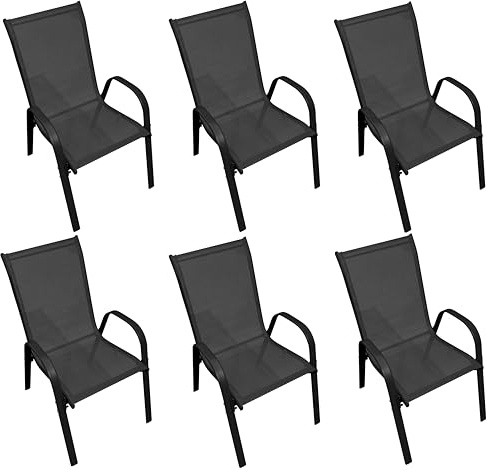 AVANTI TRENDSTORE Set 6 Sedie da Giardino Impilabili Clou in Metallo con Braccioli, Seduta e Schienale in Rete Nera, 54 x 90 x 70 cm