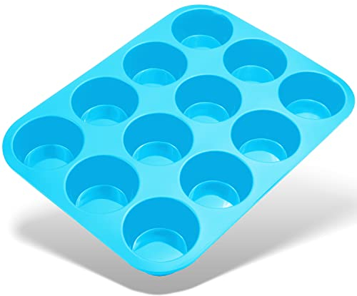 Belmalia Molde para Magdalenas, Silicona, 33 x 25 x 3 cm, 12 Panecillos, Recubrimiento Antiadherente, Cupcake Brownie Budín Latta de Mollete Muffin Bandeja para Hornear Panecillos Azúl
