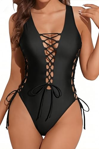 Holipick Women Black Sexy One Piece Swimsuit One Shoulder Bathing Suit Lace Up Swimwear Monokini M