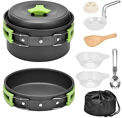 Qtiwe, set di stoviglie da campeggio, per esterni, 10 pezzi, pieghevoli, per escursioni, picnic, barbecue, certificato FDA, 1-2 persone.