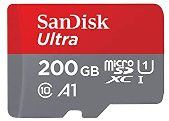 SanDisk Ultra 200 GB microSDXC Memory Card + SD Adapter with A1 App Performance Up to 120 MB/s, Class 10, U1, Red/Grey SDSQUA4-200G-GN6MA