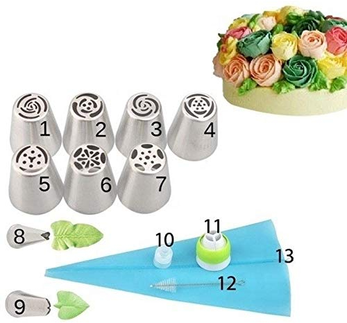 Set da 13 pezzi di accessori per decorare torte, beccucci russi per tubazioni + sac à poche in silicone, strumento per tubazioni in crema in acciaio inox, ugelli per decorare pasticceria e creme, set