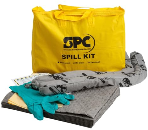 SPC® by Brady Universal Spill Kit – Anti-Pollution Kit - Portable Kit for Small Spills, Absorbs Oils, Water, Solvents & Coolants, Includes 10 Absorbent Pads, 2 Socks, Gloves & Disposal Bag