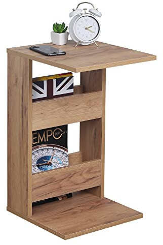 RICOO Kleiner Beistelltisch Holz 35 x 60 x 40 cm WM042-EG Couchtisch mit Stauraum Eiche Gold Braun Wohnzimmertisch Kleiner Tisch Wohnzimmer Sofatisch Beistelltische C Form Konsolentisch