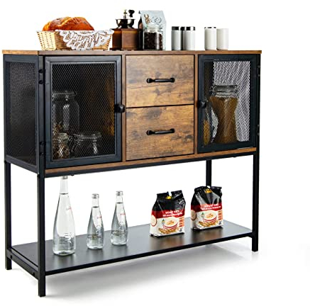 COSTWAY Sideboard industriell, Küchenschrank mit 2 Schubladen, 2 Gittertüren und 1 Ablege, Buffetschrank Holz, Konsolentisch & Küchenkommode & Beistellschrank, 100 x 35 x 85cm, Braun