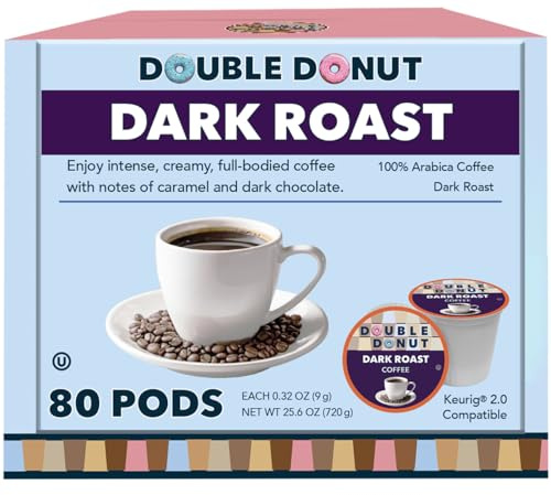 Double Donut Coffee Dark Roast Coffee Pods, Extra Bold Blend Coffee, Single Serve Coffee For Keurig K Cups Machines, Dark Roast Coffee in Recyclable Pods, 80 Count