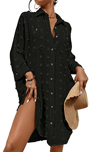 Bsubseach Bouton Vers Le Bas Chemise Blanche Femme Couverture Robes Chic Et Elegant Robe de Plage Swiss Dot Noir