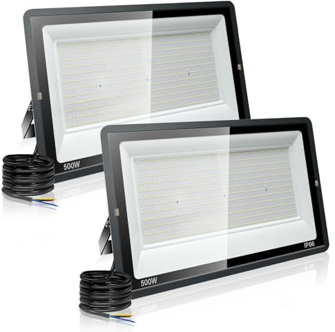 Jefedana 500W LED Außenstrahler, 50000LM 6000K IP66, 2 Stück | 50000LM superhell, 6000K Kaltweiß, IP66 wasserdicht, Alu-Gehäuse, 50000h, 80% sparend, für Stadion/Garten/Garage