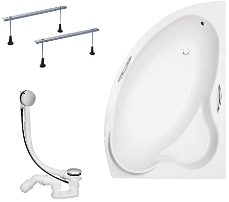 KOLMAN Badewanne ADA Eckbadewanne 140x90 Rechts ohne Verkleidung, Ablaufgarnitur und Füßen Komplettset 3in1 Premium Original Acryl Wanne Siphon
