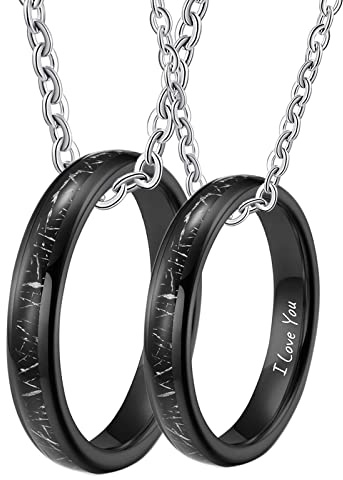 Bishilin Paar Halskette mit Gravur, Kette Silber 60CM Charms Anhänger Ring Schwarz 4MM mit Metall Partnerketten für 2