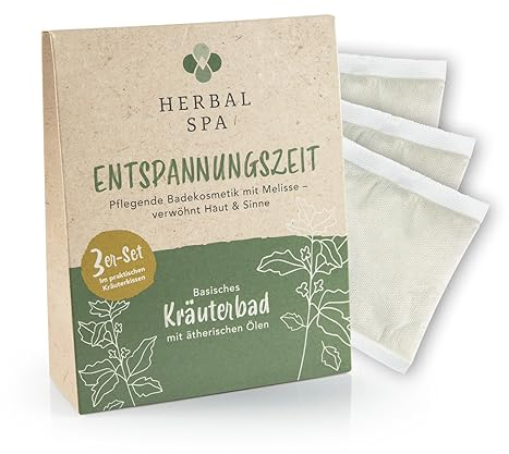 HERBAL SPA Entspannungszeit - Basisches Kräuterbad mit ätherischen Ölen, 3 Kräuterkissen je 100g | Pflegende Badekosmetik mit Melisse, verwöhnt Haut & Sinne | Kräutermischung, reine Kraft der Natur