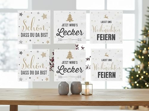 KAMACA Servietten 33x33 cm 3-lagig stilvolle Papierservietten mit Spruch Lasst uns Weihnachten feiern Schön dass du da bist Jetzt wird’s lecker Tischdekoration Winter (120 Servietten Weihnachten)