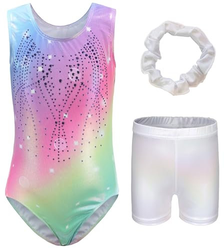 Adigau Mädchen Turnanzug Ärmellos Ballettanzug Ballett Trikot mit Kurze Hose Haarband Kinder Gymnastik Trikot Gymnastikanzug Wettbewerb Tanzkostüm A4 11-12 Jahre