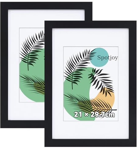 Spotjoy Bilderrahmen 21 x 29.7cm Din A4, 2er Set, MDF-Rahmen Holzrahmen mit Acrylglas Fotorahmen für Tisch- und Wandmontage Echtholz Passepartout Dokumentenrahmen Zertifikatsrahmen, Schwarz
