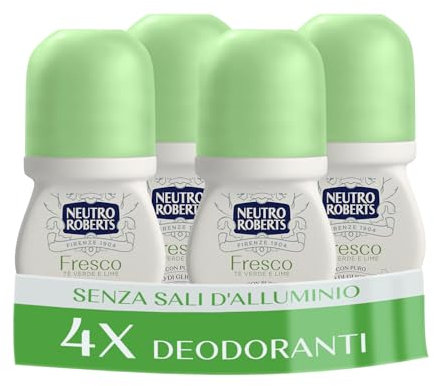 Neutro Roberts, Deodorante Roll On Fresco Verde, Té Verde e Lime, Zero Sali di Alluminio, Zero Macchie, Con Puro Olio di Glicerina, Deo Uomo e Donna, Plastica 100% riciclata, 48h - 4 Pezzi da 50 ml