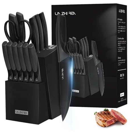 Set de couteaux, set de 15 couteaux de cuisine avec bloc, aiguiseur intégré, résistant au lave-vaisselle, manche ergonomique antidérapant, set de bloc de couteaux pour hacher, noir