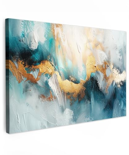 MuchoWow© Leinwandbilder Wall Art Decoration Bilder für die Wand | 90x60 cm - Schlafzimmer Deko Canvas Painting Wanddekoration Wohnzimmer Abstrakt - Kunst - Gold - Blau