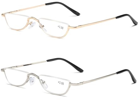 Viseng 2 Pack Mini Halbmond Halbrahmen Lesebrille ultradünne metall material rahmen Lesebrille Leicht Komfortable unisex 2.0