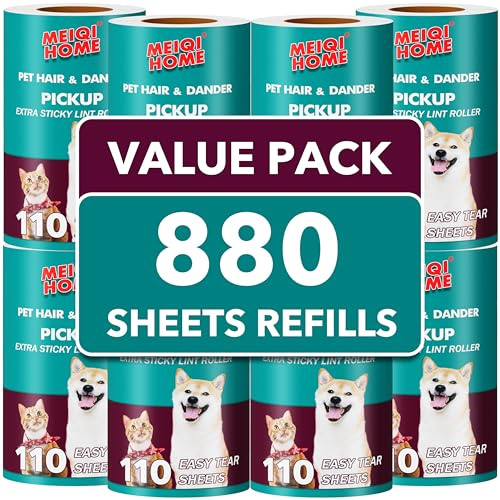 MEIQIHOME Extra Sticky Lint Roller Refills, 880 Easy-Tear Sheets, 3.9-4 Lint Rollers, 1.5 Inner Diameter, Polypropylene, Blue