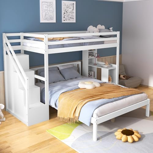 Kayan Etagenbett mit seitlichen Ablagen, 90 * 200cm+140 * 200cm, Multifunktionales Kinderbett, Kinder-Etagenbett, Mit Stautreppe, Großer Stauraum, Ohne Matratze, Kiefer + MDF, Weiß