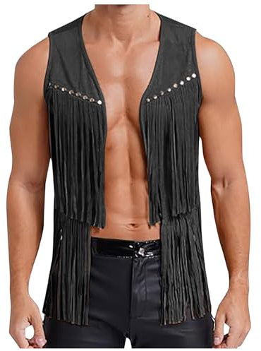 Caxndycing Weste Herren Fransen Hippie Cowboy Wildleder Westen mit Nieten Retro Hippie Flower Power Kostüm Ärmellos Cowboy Fransenweste Indianer Jacke Karneval Halloween Jackeweste